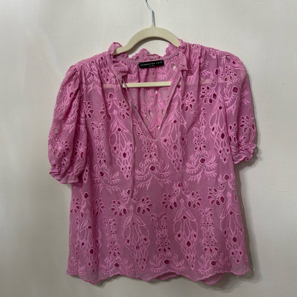 Revolve Generation Love Lara Embroidered Top New without tag pink short sleeve